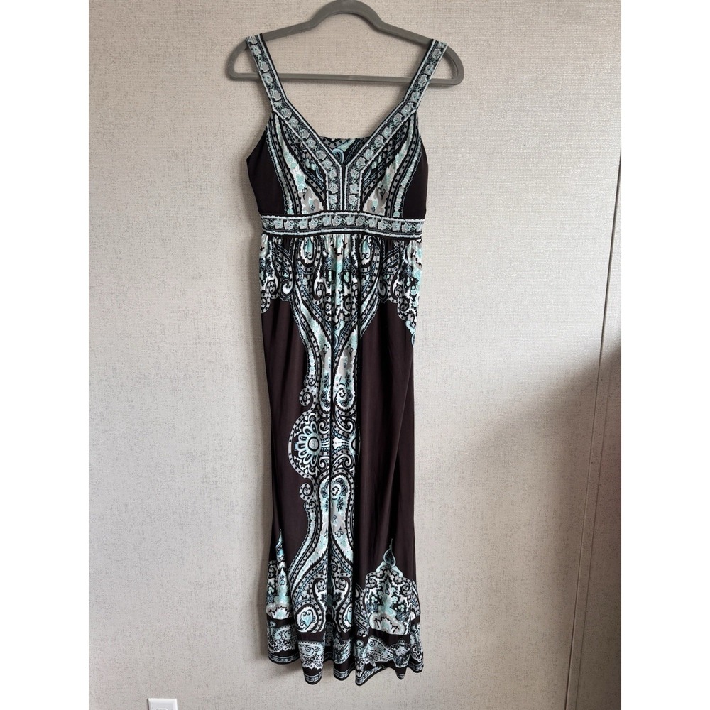 Studded Boho Paisley Midi Dress Brown Aqua Sleeveless Empire Waist Medium
